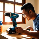 **A Malaysian man happily building a simple wooden bookshelf in his living room using a cordless drill. Sunlight streams through the window. Emphasize the ease and convenience of the cordless drill. A cup of Teh Tarik is nearby.**