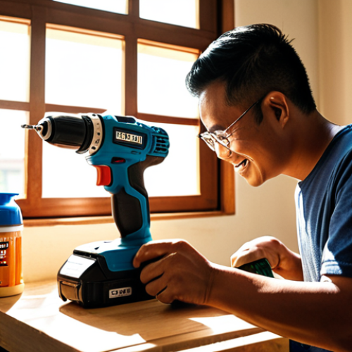 Home 4 **A Malaysian man happily building a simple wooden bookshelf in his living room using a cordless drill. Sunlight streams through the window. Emphasize the ease and convenience of the cordless drill. A cup of Teh Tarik is nearby.**