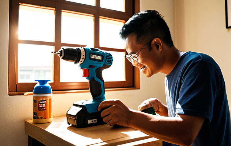 **A Malaysian man happily building a simple wooden bookshelf in his living room using a cordless drill. Sunlight streams through the window. Emphasize the ease and convenience of the cordless drill. A cup of Teh Tarik is nearby.**